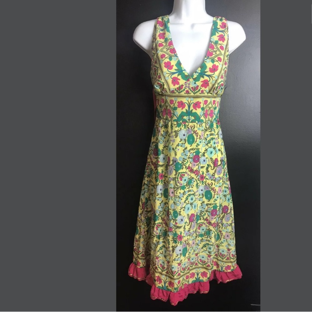 Anthropologie PLENTY By Tracy Reese Silk Dress RARE Floral Yellow Pink Green